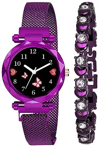 Motugaju Branded Analogue Diamond Black Butterfly Dial Purple Magnet Watch With Gift Bracelet For Women Or Girls And Watch For Girl or Women (Combo of 3)-thumb2