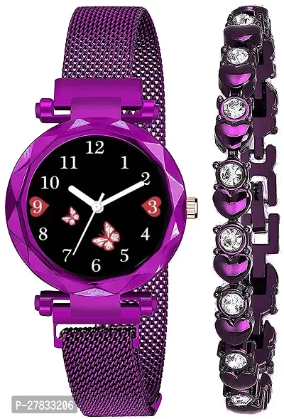 Motugaju Branded Analogue Diamond Black Butterfly Dial Purple Magnet Watch With Gift Bracelet For Women Or Girls And Watch For Girl or Women (Combo of 3)-thumb3