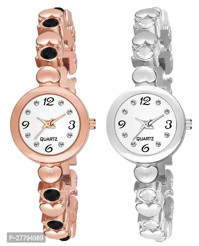 Motugaju Analog Round Dial Rosegold Black Silver Diamond Bracelet Belt Watch Combo Pack of 2 Watches Stylish Small Watch For Girls-thumb0