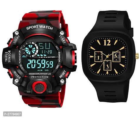 Stylish Analog And Digital Round Square Multi Dial Combo Of 2 Watches Army Red Belt Sports Multi Functional Watch Pack Of 2-thumb0