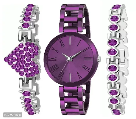 Analog Purple Dial Watch With Love Bracelet Steel Belt