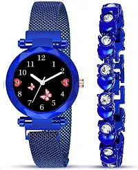 Motugaju Branded Blue Analogue Diamond Black Butterfly Dial Blue Magnet Watch With Gift Bracelet For Women Or Girls And Watch For Girl or Women (Combo of 3)-thumb2