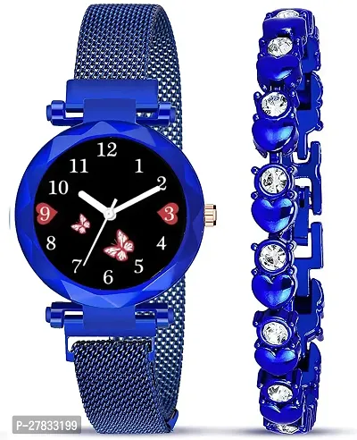 Motugaju Branded Blue Analogue Diamond Black Butterfly Dial Blue Magnet Watch With Gift Bracelet For Women Or Girls And Watch For Girl or Women (Combo of 3)-thumb3