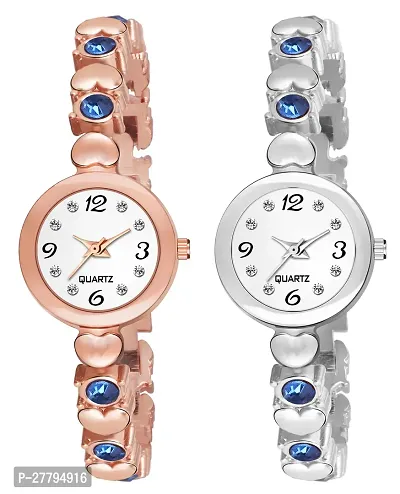 Motugaju Analog Round Dial Rosegold Blue Silver Sky Diamond Bracelet Belt Watch Combo Pack of 2 Watches Stylish Small Watch For Girls-thumb0