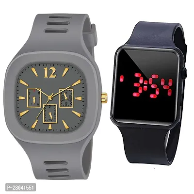 Motugaju Analog Grey Square Dial Silicon Strap ADDI Stylish Designer Watch Combo For Mens And Boys With Digital Black Led Watch