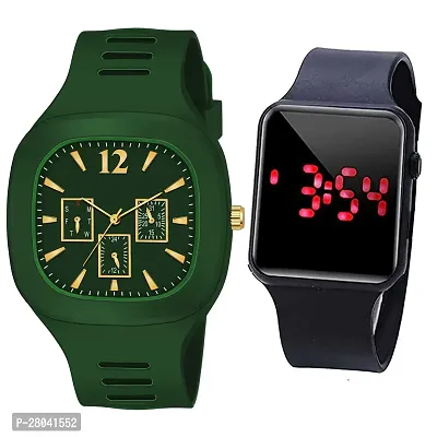 Motugaju Analog Green Square Dial Silicon Strap ADDI Stylish Designer Watch Combo For Mens And Boys With Digital Black Led Watch-thumb0