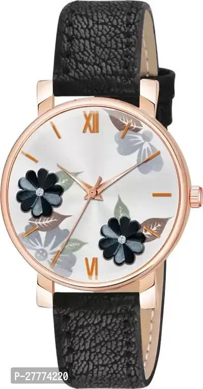 Motugaju Analog Flowered Dial Black Colour Leather Strap Watch For Womens and Girls