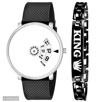 Motugaju Analog Dial Paidu White Pu Strap With King Bracelet Watches For Men Watch For Man And Watch for Boys-thumb0