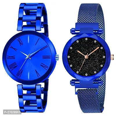 Motugaju Analog Blue Dial Stainless Steel Magnetic Belt Watch Combo For Womens And Girls Pack Of 2