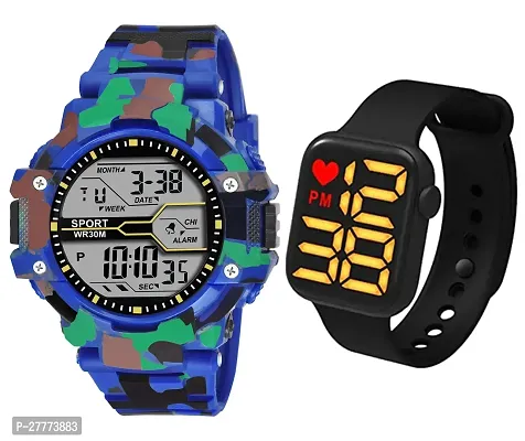 Motugaju Digital Blue Military Day Date Month Alarm Stopwatch Army Dial Sports Watch With Heart Square LED Watch For Men Kids Watch for Boys Watch for Men Pack of 2