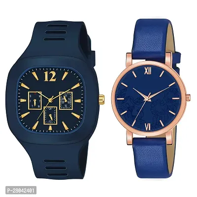 Motu Gaju Blue Dial Coper Case Leather Analog Couple Watch Combo For Men And Women Pack Of - 2-thumb0