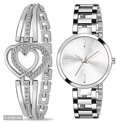 Motugaju Analog Silver Round Dial Combo Watch with Gift Bracelet for Women Or Girls-thumb2