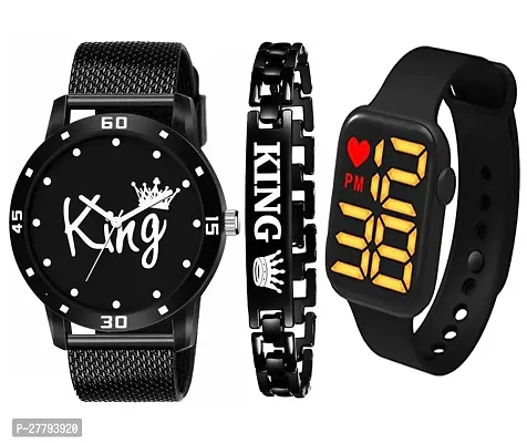 Motugaju Analog King Black Dial PVC Belt With King Bracelet And Square Heart Led Digital Watch For Boys And Watch For Kids