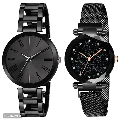Motugaju Analog Black Dial Stainless Steel Magnetic Belt Watch Combo For Womens And Girls Pack Of 2