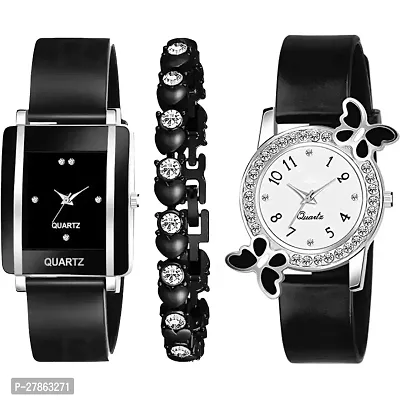 Analog Black Square Butterfly Dial Multicolor Strap Womens Watch With Cosmic Bracelet Combo For Womens And Girls Pack Of 3