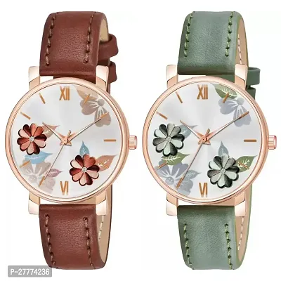 Motugaju Analog Flowered Dial Brown Green Colour Leather Strap Combo Watch For Womens and Girls Pack Of 2 Watches