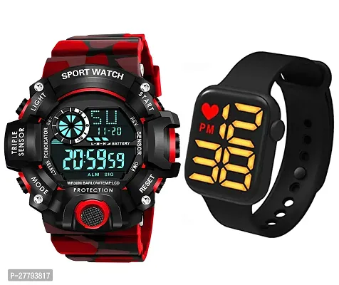 Motugaju Digital Red Day Date Month Alarm Stopwatch Army Dial Sports Watch With Heart Square LED Watch For Mens Kids Watch for Boys Watch for Men Pack of 2