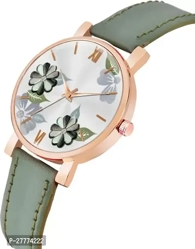 Motugaju Analog Flowered Dial Green Colour Leather Strap Watch For Womens and Girls-thumb3
