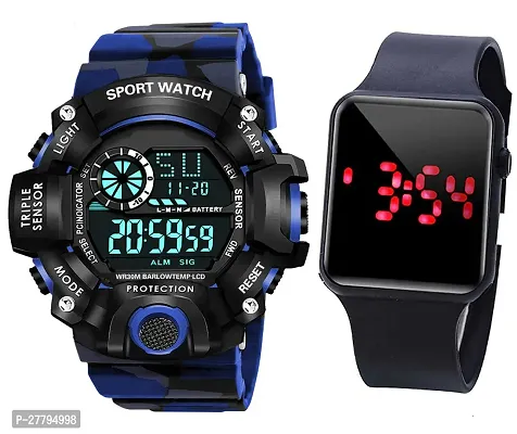 Motugaju Digital Sports Multi Functional Black Dial Blue Army Watch With Square Led Combo Watch For Mens Boys
