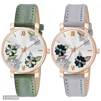 Motugaju Analog Flowered Dial Green Grey Colour Leather Strap Combo Watch For Womens and Girls Pack Of 2 Watches