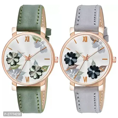 Motugaju Analog Flowered Dial Green Grey Colour Leather Strap Combo Watch For Womens and Girls Pack Of 2 Watches-thumb0