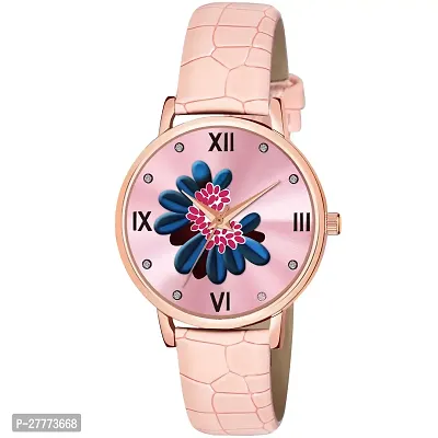 Pink Color Flower Dial Designer Leather Belt Analog Watch For Women and Girls-thumb0