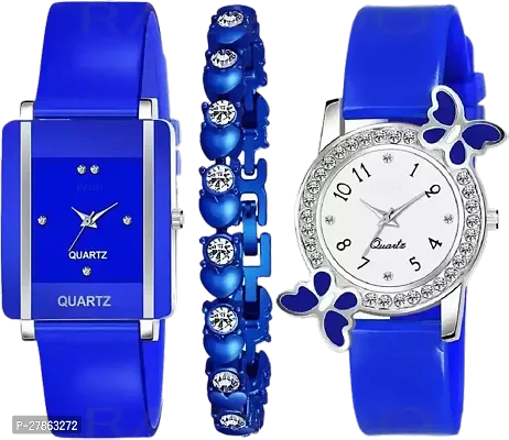 Analog Blue Square Butterfly Dial Multicolor Strap Womens Watch With Cosmic Bracelet Combo For Womens And Girls Pack Of 3