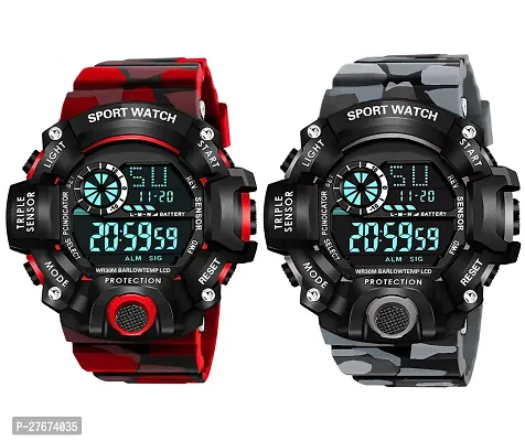 Digital Watch Shockproof Automatic Army Red Grey Color Strap Waterproof Digital Sports Combo Watch for Men Kids Watch for Boys Watch for Men Pack of 2