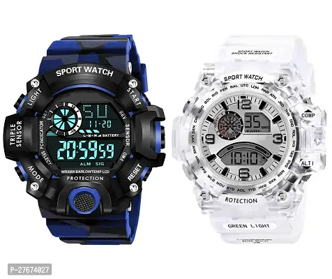 Digital Watch Shockproof Automatic Army Blue White Color Strap Waterproof Digital Sports Combo Watch for Men Kids Watch for Boys Watch for Men Pack of 2