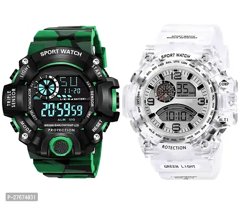 Digital Watch Shockproof Automatic Army Green White Color Strap Waterproof Digital Sports Combo Watch for Men Kids Watch for Boys Watch for Men Pack of 2