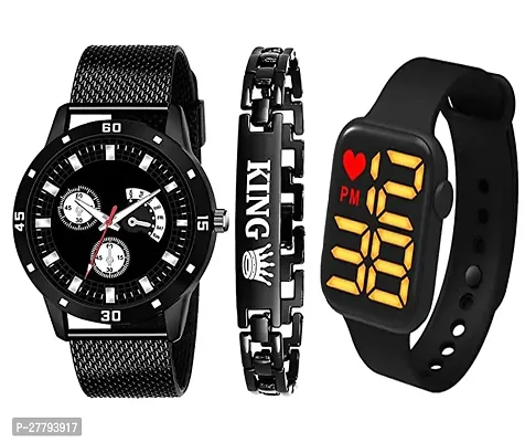 Motugaju Analog Avo Black Dial PVC Belt With King Bracelet And Square Heart Led Digital Watch For Boys And Watch For Kids