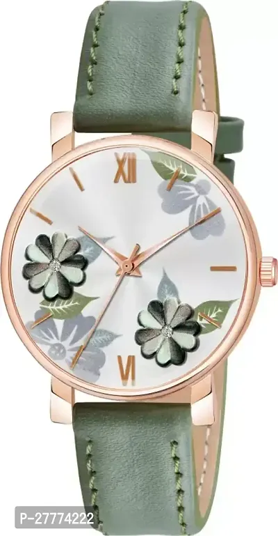Motugaju Analog Flowered Dial Green Colour Leather Strap Watch For Womens and Girls-thumb0