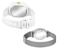 Motugaju White Silver Analog Square And Round Dial Silicon And Magnet Belt Watch Combo-thumb1