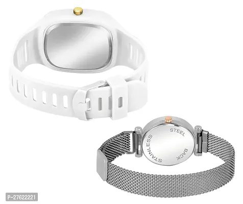 Motugaju White Silver Analog Square And Round Dial Silicon And Magnet Belt Watch Combo-thumb2