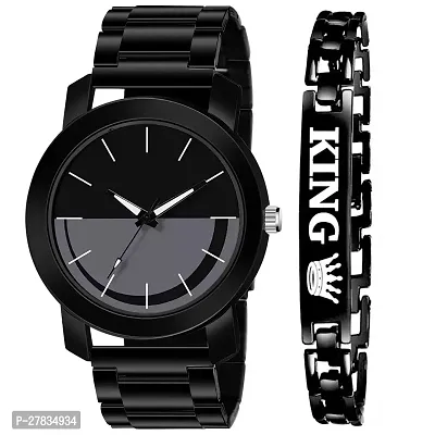 Motugaju Analog Dial Black Metal Strap Watch Mens Watch With King Bracelet For Mens And Boys
