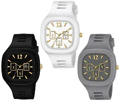 Motugaju Square Dial Black Grey White Analog Watches With Silicon Strap Stylish ADDI Designer Combo Watch for Mens  Boys Pack Of 3-thumb2