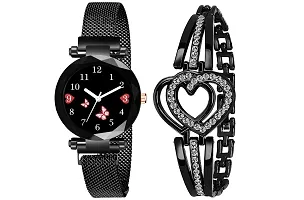 Motugaju Branded Analogue Diamond Black Butterfly Dial Black Magnet Watch With Gift Bracelet For Women Or Girls And Watch For Girl or Women (Combo of 3)-thumb2