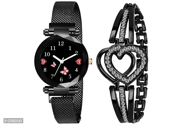 Motugaju Branded Analogue Diamond Black Butterfly Dial Black Magnet Watch With Gift Bracelet For Women Or Girls And Watch For Girl or Women (Combo of 3)-thumb3