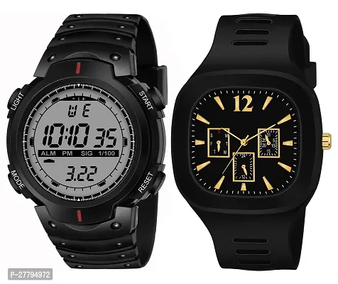 Stylish Analog And Digital Round Square Multi Dial Combo Of 2 Watches Army Black Belt Sports Multi Functional Watch Watch For Mens Pack Of 2