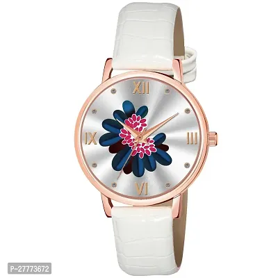 Motugaju White Color Flower Dial Designer Leather Belt Analog Watch For Women and Girls