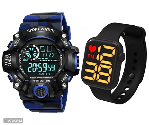 Motugaju Digital Blue Day Date Month Alarm Stopwatch Army Dial Sports Watch With Heart Square LED Watch For Mens Kids Watch for Boys Watch for Men Pack of 2