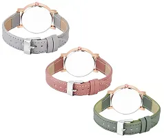 Motugaju Analog Flowered Dial Grey Peach Green Colour Leather Strap Combo Watch For Womens and Girls Pack Of 3 Watches-thumb1