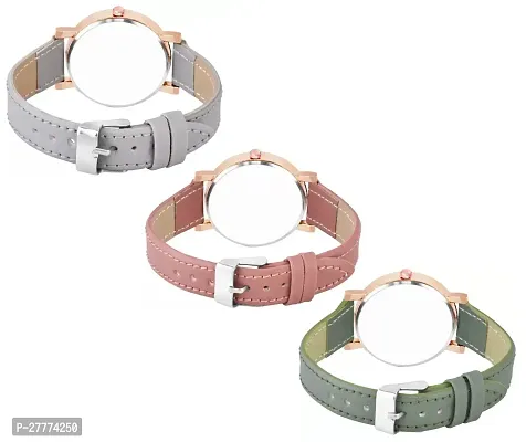 Motugaju Analog Flowered Dial Grey Peach Green Colour Leather Strap Combo Watch For Womens and Girls Pack Of 3 Watches-thumb2