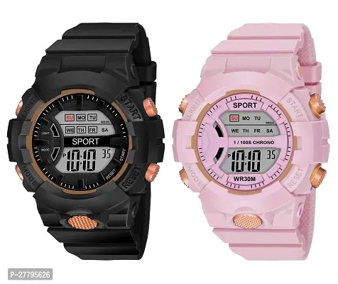 Motugaju Digital Black Pink Day Date Time Week Month Dial Premium Plastic Strap Combo Watches For Boys And Watch For Men