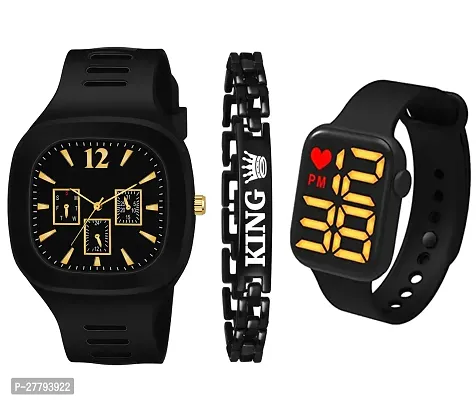 Motugaju Analog Square Black Dial PVC Belt With King Bracelet And Square Heart Led Digital Watch For Boys And Watch For Kids