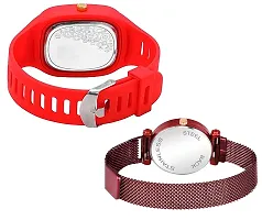Motugaju Red Analog Square And Round Dial Silicon And Magnet Belt Watch Combo-thumb1