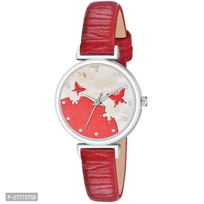 Stylish Red Genuine Leather Analog Watch For Women