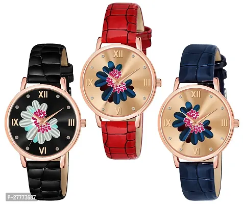 Motugaju Black Blue Red Color Flower Dial Designer Leather Belt Analog Combo Of 3 Watch For Women and Girls-thumb0