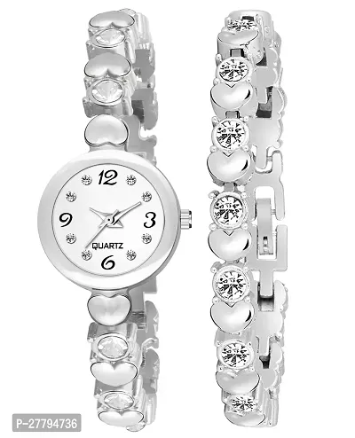 Motugaju Analog Small White Dial Watch With Diamond Studded Silver Bracelet Band And Bracelet Combo For Girls Watch For Womens Pack Of 2