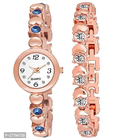 Motugaju Analog Small White Dial Watch With Sky Diamond Studded Rose Bracelet Band And Bracelet Combo For Girls Watch For Womens Pack Of 2